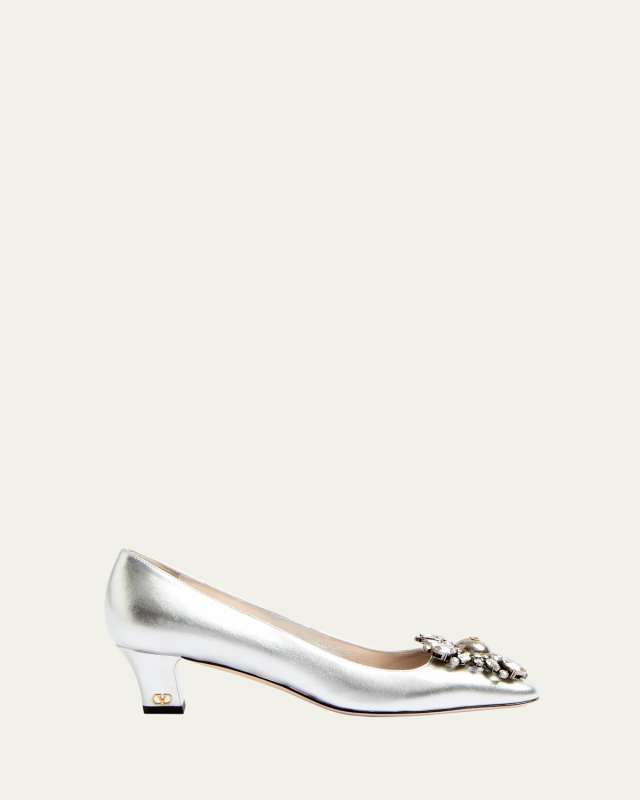 Metallic Leather Crystal Ornament Pumps